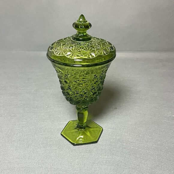 Vintage L.E. Smith Green Glass Candy Dish w/Lid Daisy And Button Footed Compote - Picture 7 of 10